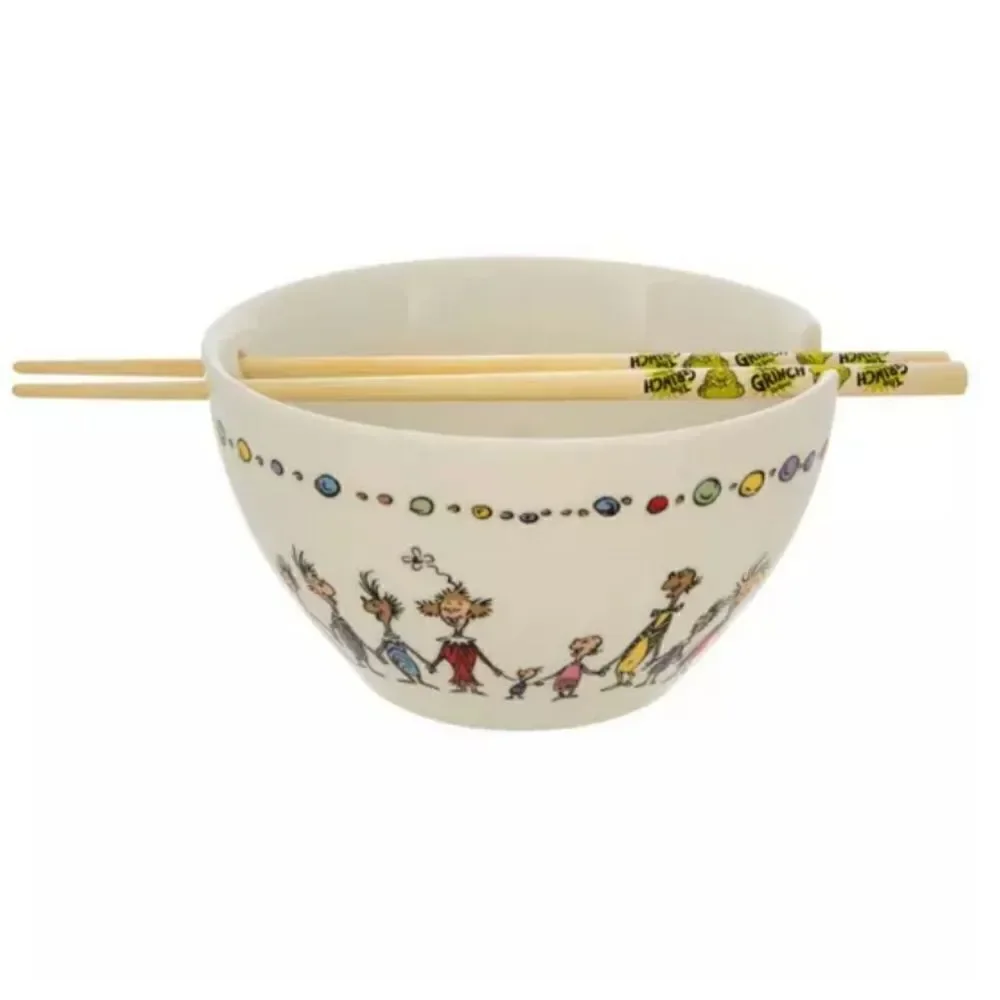 Nwt Ceramic Christmas Whoville Grinch Ramen Bowl & Chopsticks